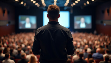 A person stands on a stage and addresses a large, blurred audience, their back to the camera, with a bright screen in the background
