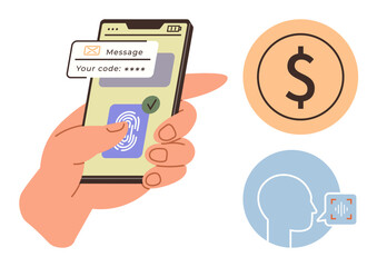 Hand holding smartphone displaying fingerprint scan and code message. Nearby dollar icon and facial recognition symbol. Ideal for digital security, payment, verification, privacy, finance