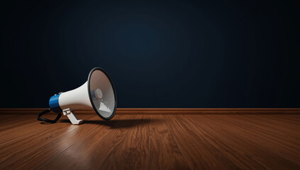 A white and blue megaphone stands on a wooden surface against a dark background, symbolizing announcement, communication, or making a statement