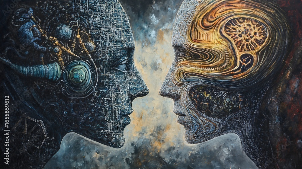Poster contrasting faces: digital circuits and organic patterns in profile view