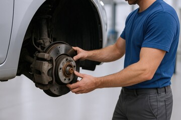 Car Mechanic Inspecting Brake Discs and Suspension System on a Vehicle Lift in Auto Repair Shop