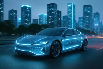 Sleek Electric Car with Neon Lights Driving Through a Futuristic Cityscape at Night