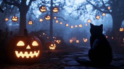 Enchanted Halloween garden with glowing fairy lights, jack-o'-lanterns hanging from trees,