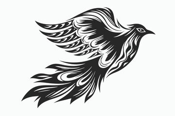 Stylized black bird takes flight displaying intricate wing and tail patterns on a white backdrop