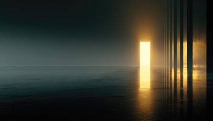 Fototapeta premium Glowing doorway in a dark, hazy room