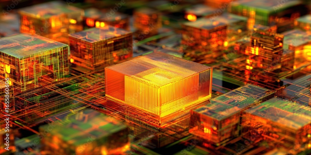 Poster advanced microchip architecture with glowing circuitry and complex interconnections for computing te