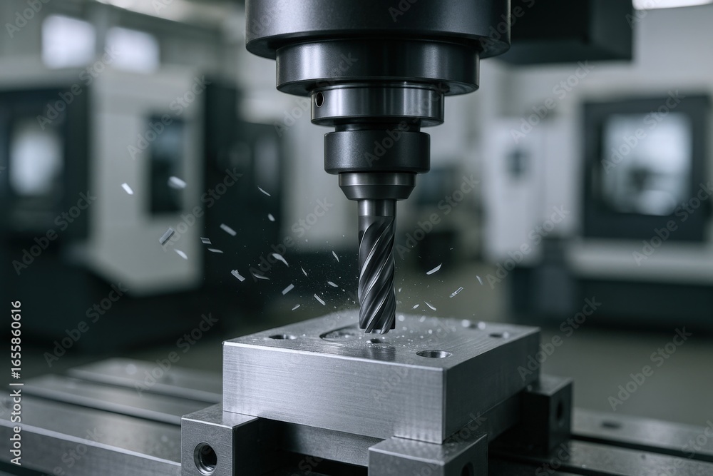 Poster precision milling: close-up of cnc machine cutting metal block with flying chips in industrial setti