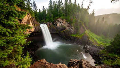 Waterfall cascading over a rocky cliff face in a lush forest.