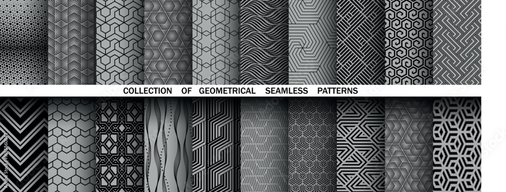 Poster geometric set of seamless black and gray patterns. simple vector graphics