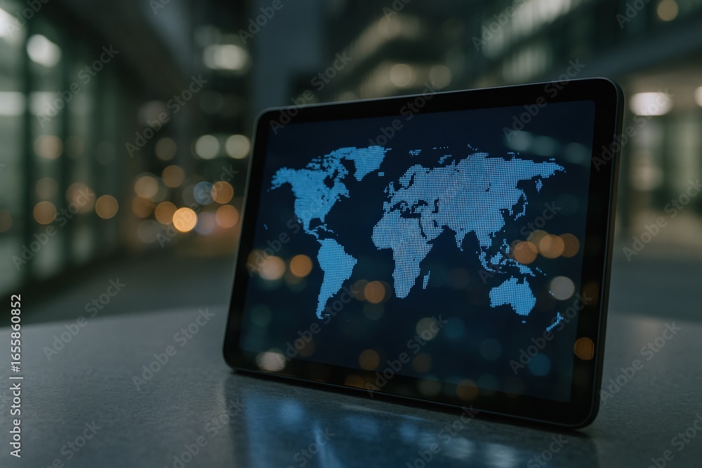 Poster digital world map on tablet device display showing global connectivity and international business in