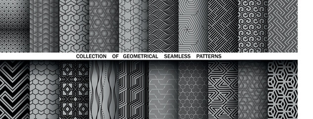 Geometric set of seamless black and gray patterns. Simple vector graphics