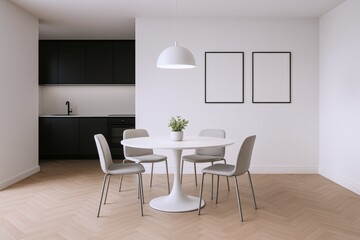 Modern Dining Area with Round Table, Chairs, and Kitchen in Minimalist Interior Design