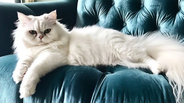 Long haired Persian cat with pristine white fur lying regally on a luxurious velvet cushion Its expression is poised and aloof embodying the epitome of feline elegance