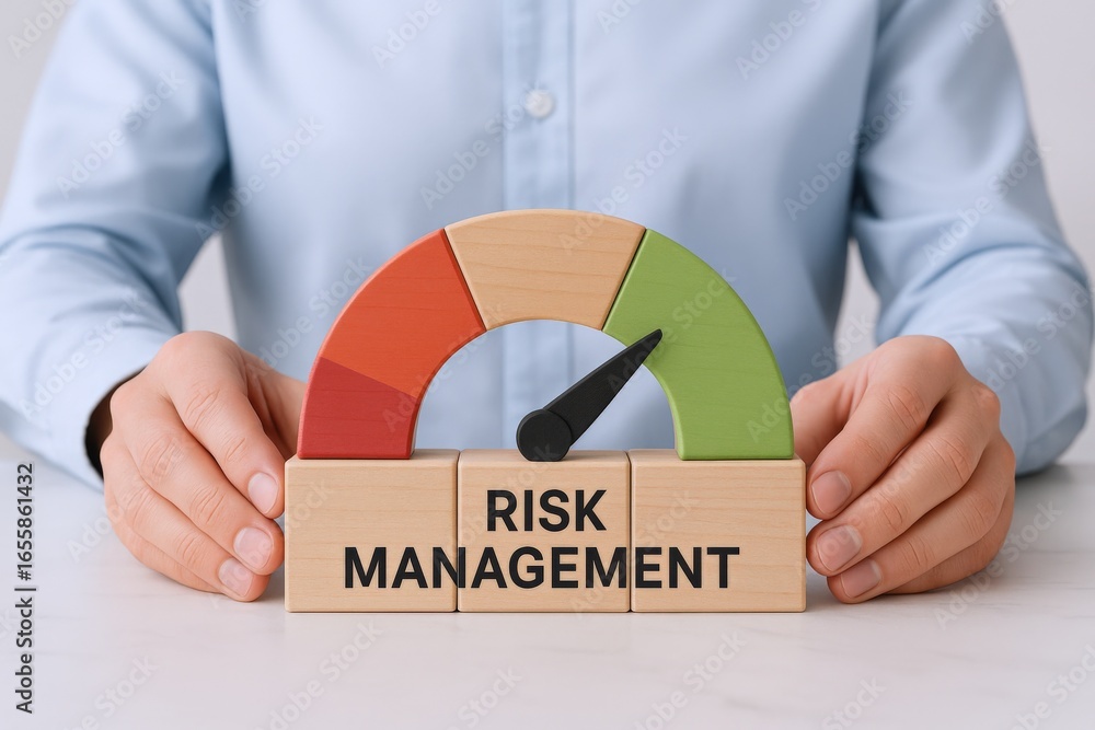 Poster risk management concept with speedometer and wooden blocks displaying text held by a person