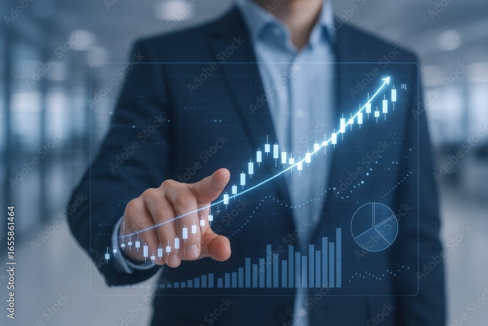 Poster businessman analyzing stock market data with hologram interface displaying financial growth and inve