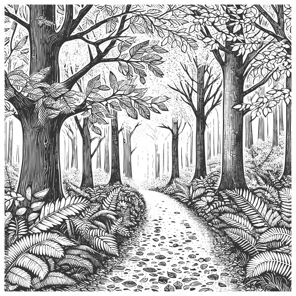 Poster winding path through a dense forest with tall trees, ferns, and scattered leaves on the ground sketc