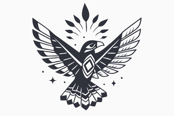 Obraz premium Monochromatic flying falcon displays detailed feathers, diamond chest, and celestial starburst design