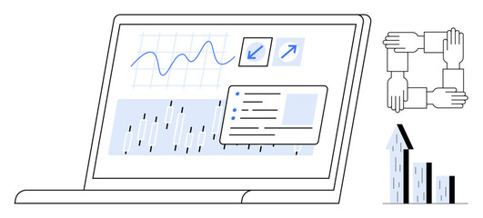 Laptop screen displaying graphs and data reports, interconnected hands symbolizing teamwork, bar chart indicating growth. Ideal for business, collaboration, leadership, analysis, productivity