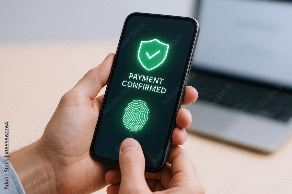 Poster mobile payment confirmation on smartphone with fingerprint scan for secure transactions and digital 