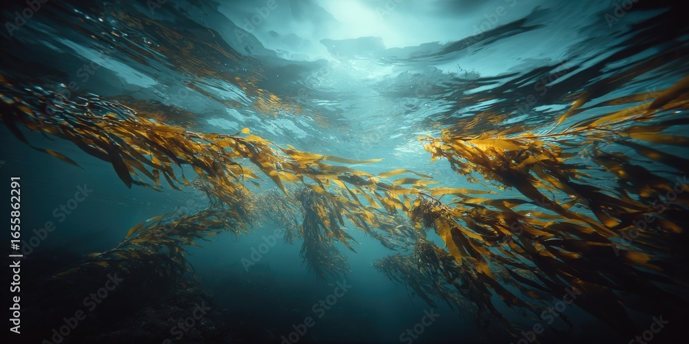 Poster underwater kelp forest canopy with sunlight filtering through the surface, creating a serene aquatic