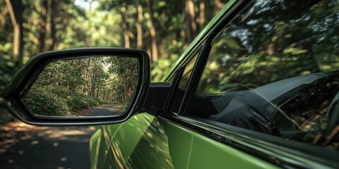 Green Car Side Mirror Reflecting Forest Road Trip on a Sunny Day Adventure