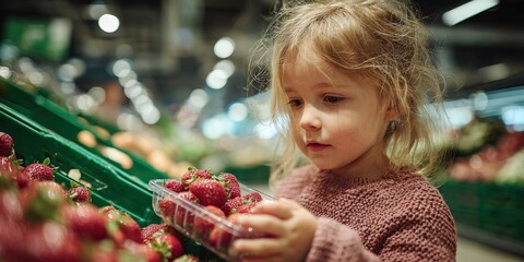 Little girl carefully choosing fresh strawberries at the grocery store, promoting healthy eating habits and family shopping