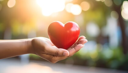 Hands gently holding a red heart in nature, symbolizing compassion, care, and the spirit of giving on International Day of Charity.