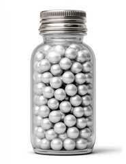 Glass jar filled with shiny, pearl-like spheres