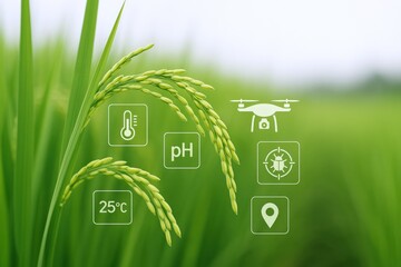 Rice Plant with Agricultural Technology Icons: Modern Farming and Smart Agriculture Concept