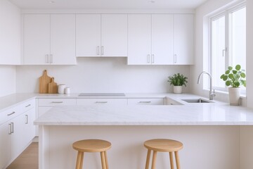 Bright Modern Kitchen Interior with White Cabinets, Marble Countertops, and Natural Light