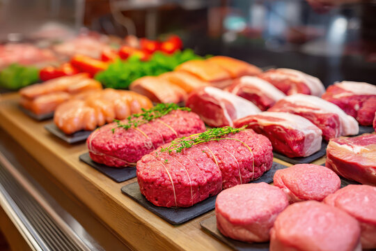 Fresh cuts of meat and fish displayed in a butcher's shop counter