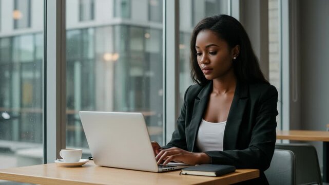 Professional african american businesswoman working on laptop in modern office with city view, showcasing career and technology integration