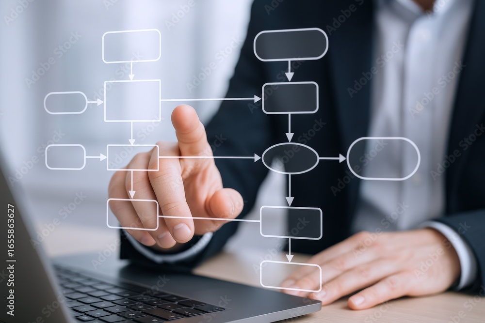 Poster business process optimization concept: man interacting with a flowchart on screen for strategic work