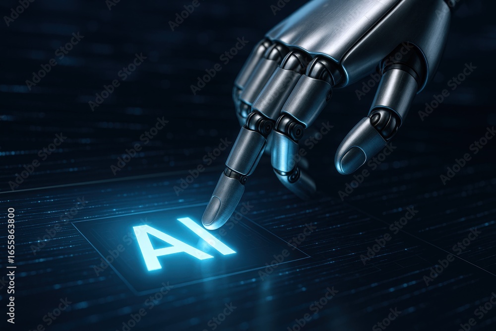 Poster robotic arm pressing ai button: futuristic technology and artificial intelligence activation concept
