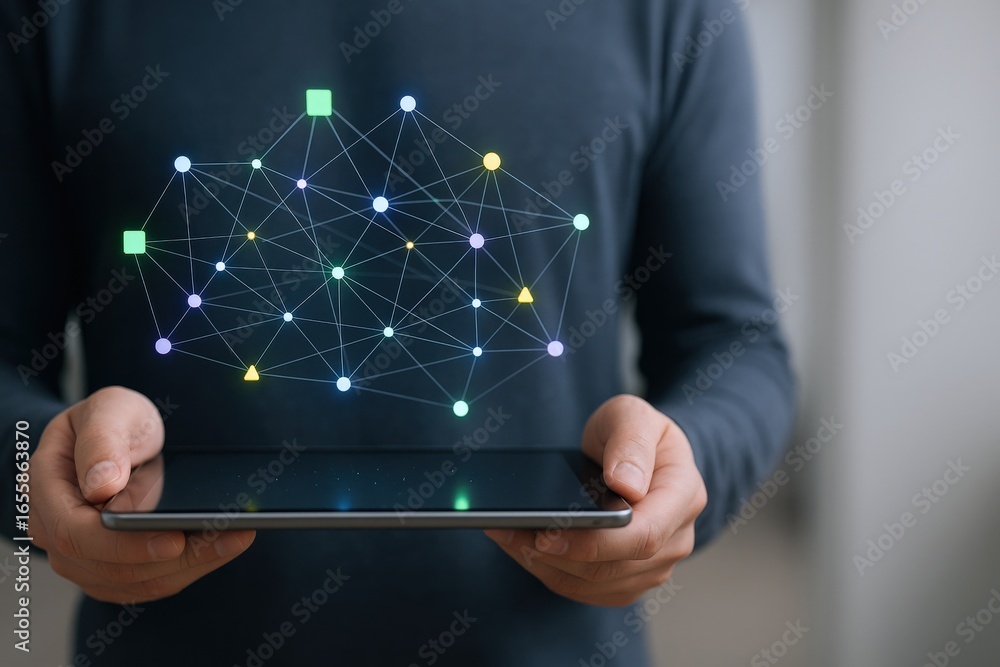 Poster man holding tablet displaying abstract network: data connection, communication and technology concep