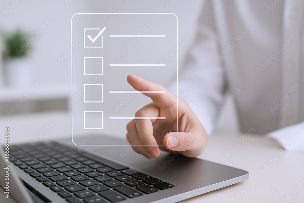 Aufkleber digital checklist on laptop screen displaying confirmation, task management and productivity for bus