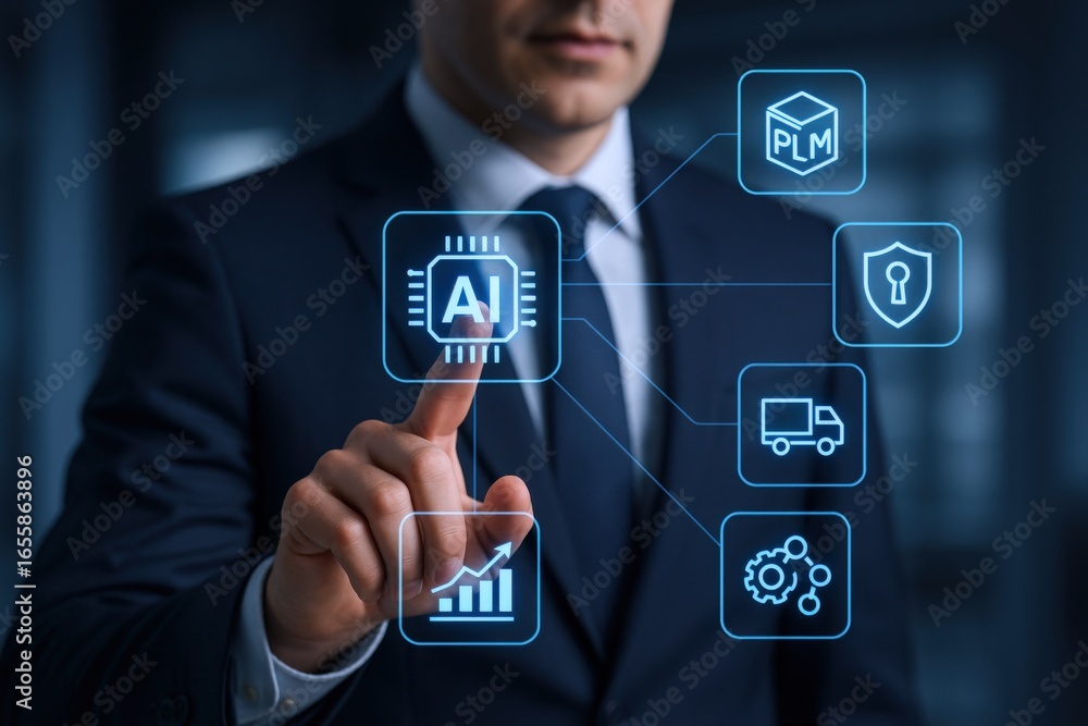Poster businessman touching ai interface: futuristic technology and business solutions with data analytics 
