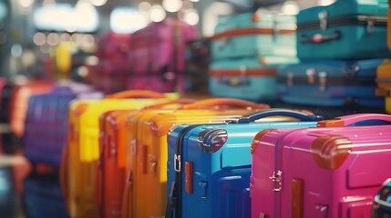 Vibrant colorful suitcases lined up on a city street, capturing the excitement of travel