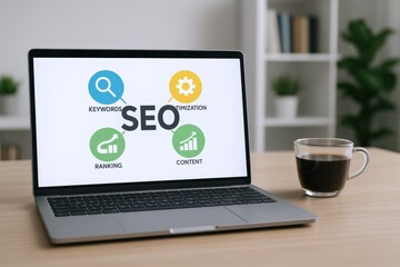 Laptop Displaying SEO Concepts with Coffee Cup on Desk for Marketing or Business Presentation