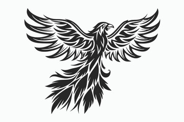 Isolated phoenix presents stylized black tribal feathers that create a captivating mythical creature