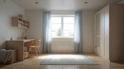 Fototapeta premium Bright and Airy Bedroom Interior with Natural Light and Minimalist Design, Featuring Wooden Furniture