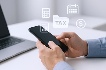 Filing Taxes Online: Close-up of Hands Holding Smartphone with Tax Icons Overlayed, Demonstrating Modern E-filing Solutions