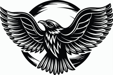 Majestic eagle soars powerfully through a broken black circle in detailed form