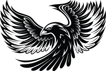 Stylish eagle soars gracefully with intricately designed wings in striking monochrome black against white
