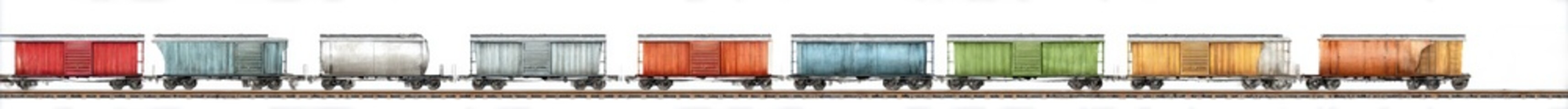 Obraz premium Illustration of colorful train boxcars on tracks in various colors