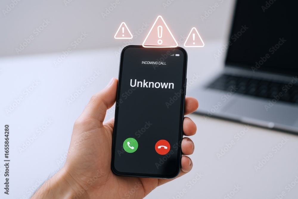 Poster person holding smartphone displaying unknown incoming call notification with warning triangle icons 