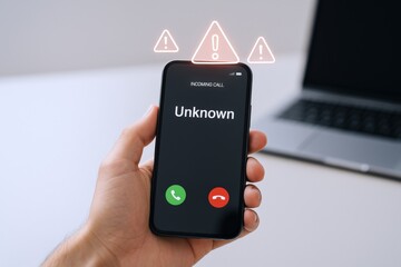 Person Holding Smartphone Displaying Unknown Incoming Call Notification with Warning Triangle Icons Above the Phone