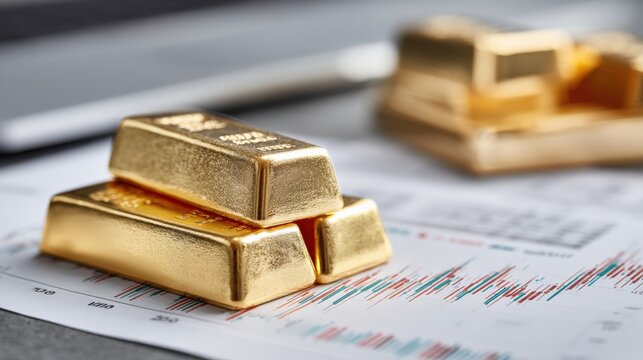Gold Bullion Bars Stacked on Financial Chart Displaying Market Trends and Investment Analysis