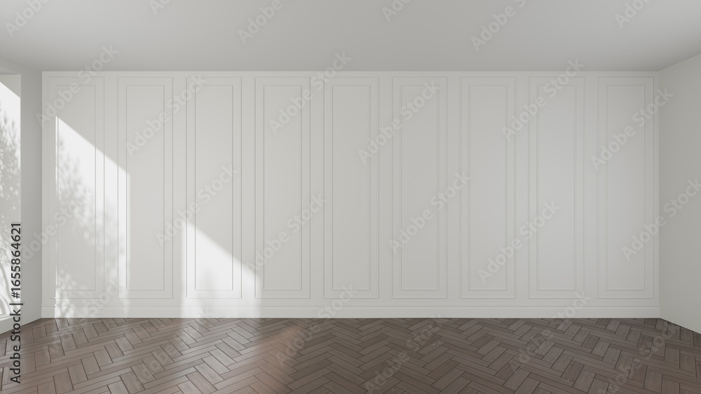 Poster sunlight streams through a large window, illuminating a spacious room with white panelled walls and 