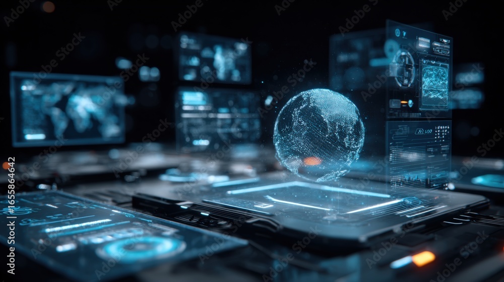 Poster futuristic technology interface displaying holographic globe and data analytics for global connectiv